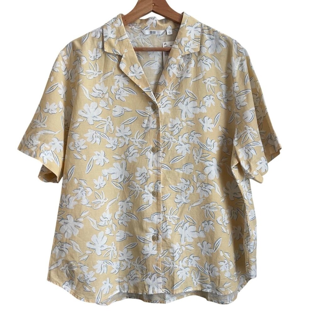 Uniqlo Womens Cottagecore Linen Blend Floral Camp Shirt Size L Resort Coastal